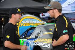 Jason Hathaway, Snap-On Tools/Rockstar Energy Drink Dodge (L) and J.R. Fitzpatrick, Equipment Express Chevrolet (RT) in the paddocks