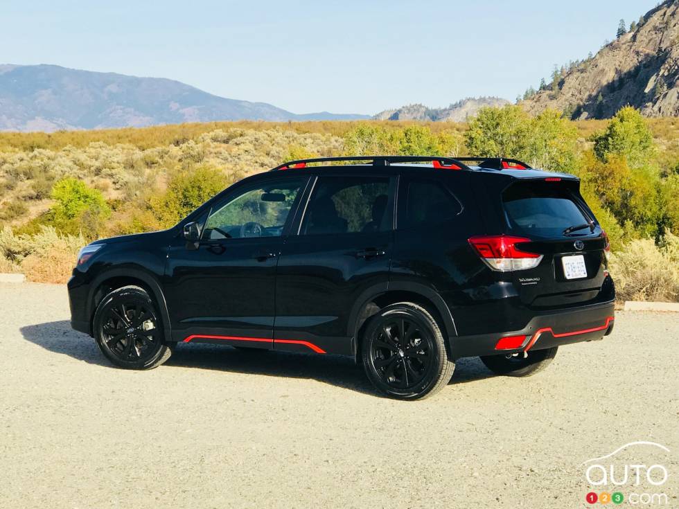 3/4 rear view of the 2019 Subaru Forester Sport 