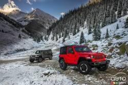 3/4 front view of the 2018 Jeep Wrangler Sahara and All-new 2018 Jeep Wrangler Rubicon 