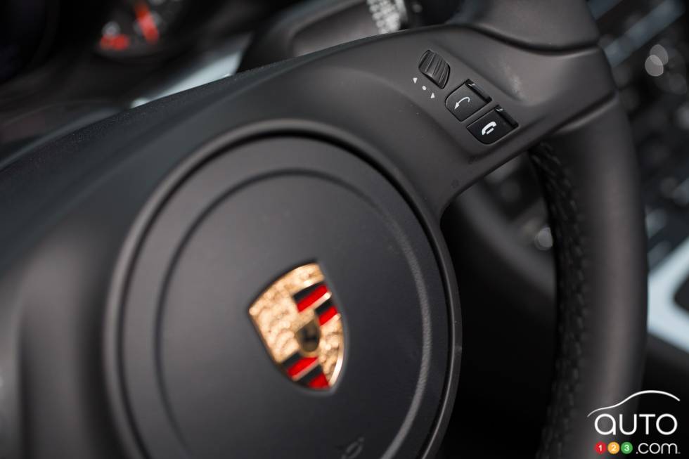 Steering wheel-mounted Bluetooth controls on the right