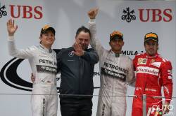 Nico Rosberg, Mercedes GP. Lewis Hamilton, Mercedes GP. Fernando Alonso, Scuderia Ferrari. Podium ceremony