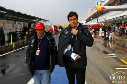Niki Lauda, Champion du mon de F1 1975, 1977 and 1984 et Toto Wolff, Directeur exécutif des affaires Mercedes F1.