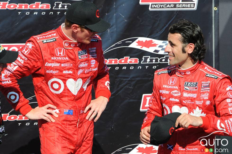 Scott Dixon, Target Chip Ganassi Racing and Dario Franchitti, Target Chip Ganassi Racing during podium ceremony of race 1