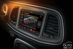 The 2018 Dodge Challenger SRT Demon offers line lock, a feature that assists the driver in preventing forward vehicle movement during a burnout through enhanced control of the brakes while revving the engine to its peak power RPM, as shown on the 8.4-inch Uconnect touchscreen.