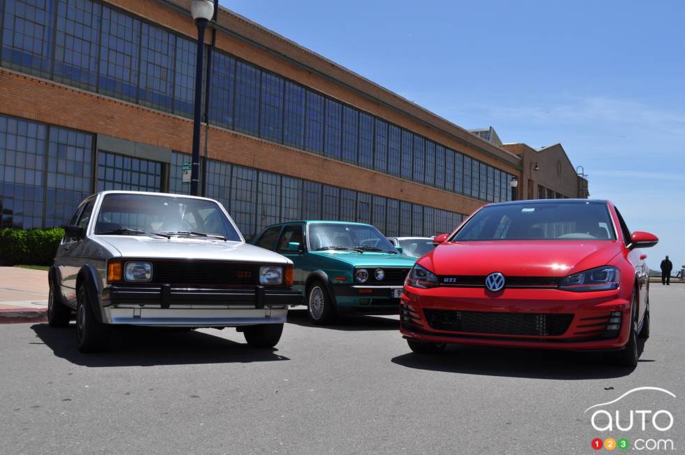 left to right; Volkswagen MK1 1984 GTI, MK2 1991 GTI, MK7 2015 GTI